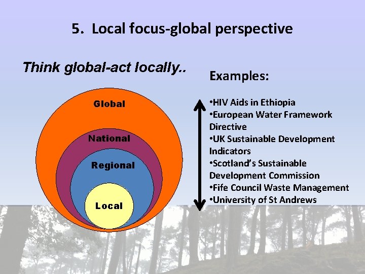5. Local focus-global perspective Think global-act locally. . Global National Global Regional National Local
