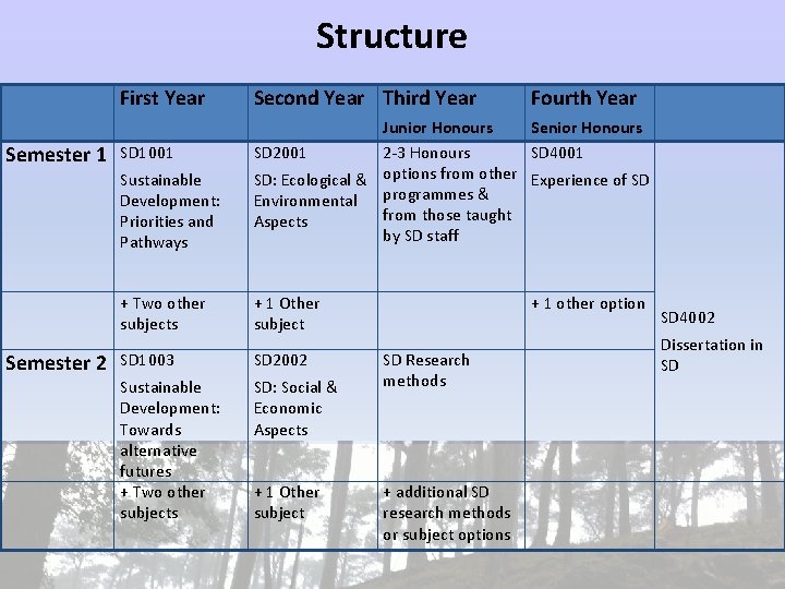 Structure Semester 1 Semester 2 First Year Second Year Third Year Fourth Year Sustainable