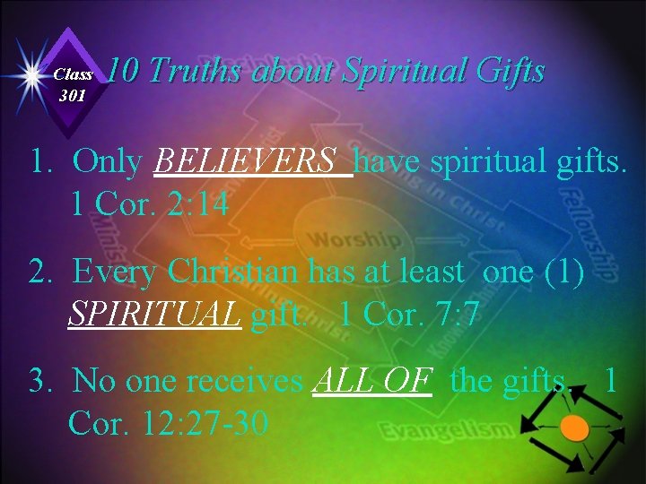 Class 301 10 Truths about Spiritual Gifts 1. Only BELIEVERS have spiritual gifts. 1