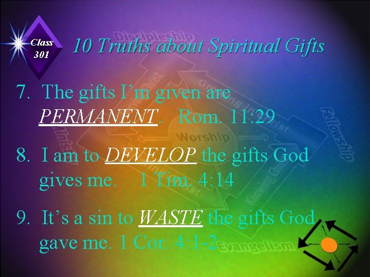 Class 301 10 Truths about Spiritual Gifts 7. The gifts I’m given are PERMANENT.