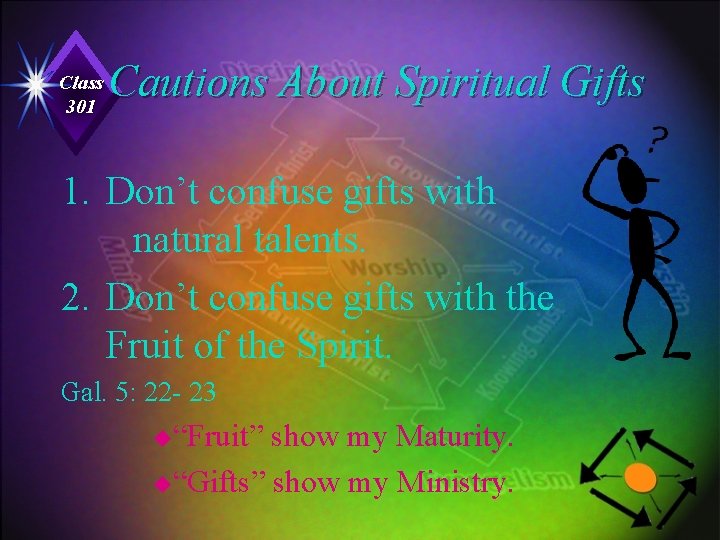 Class 301 Cautions About Spiritual Gifts 1. Don’t confuse gifts with natural talents. 2.