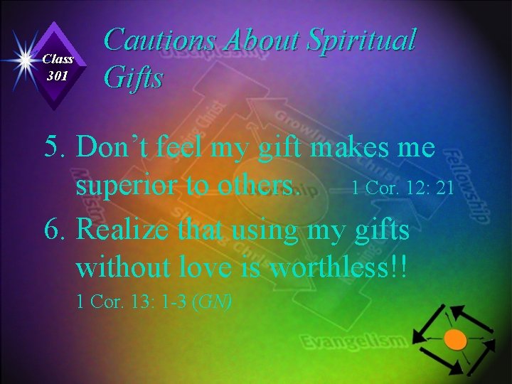 Class 301 Cautions About Spiritual Gifts 5. Don’t feel my gift makes me superior