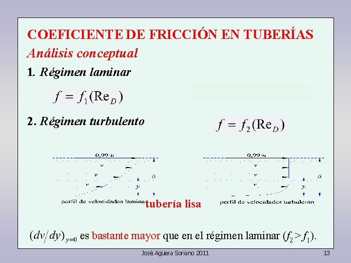 COEFICIENTE DE FRICCIÓN EN TUBERÍAS Análisis conceptual 1. Régimen laminar 2. Régimen turbulento tubería COEFICIENTE DE FRICCIÓN EN TUBERÍAS Análisis conceptual 1. Régimen laminar 2. Régimen turbulento tubería