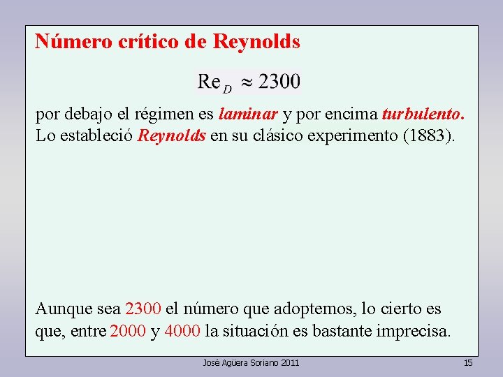 Número crítico de Reynolds por debajo el régimen es laminar y por encima turbulento. Número crítico de Reynolds por debajo el régimen es laminar y por encima turbulento.