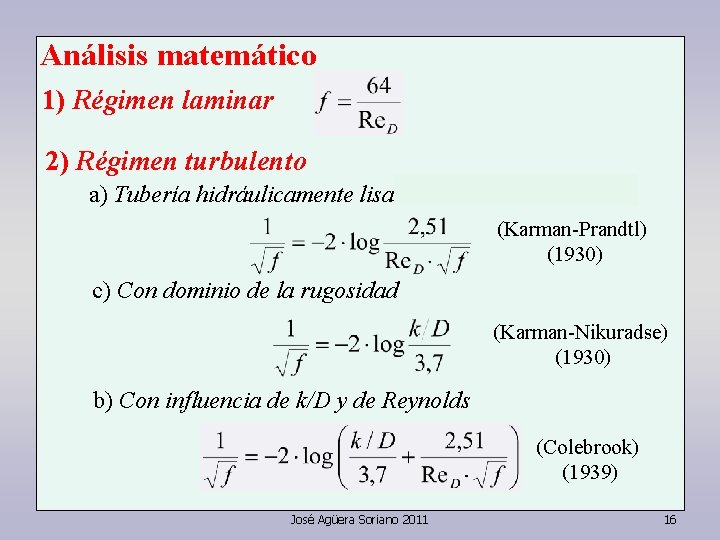 Análisis matemático 1) Régimen laminar 2) Régimen turbulento a) Tubería hidráulicamente lisa (Karman-Prandtl) (1930) Análisis matemático 1) Régimen laminar 2) Régimen turbulento a) Tubería hidráulicamente lisa (Karman-Prandtl) (1930)