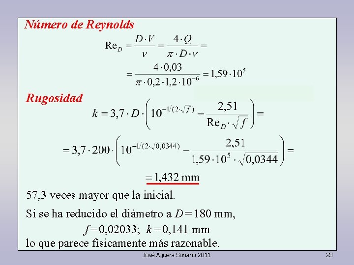Número de Reynolds Rugosidad 57, 3 veces mayor que la inicial. Si se ha Número de Reynolds Rugosidad 57, 3 veces mayor que la inicial. Si se ha