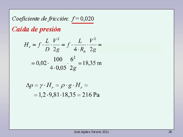 Coeficiente de fricción: f = 0, 020 Caída de presión José Agüera Soriano 2011 Coeficiente de fricción: f = 0, 020 Caída de presión José Agüera Soriano 2011