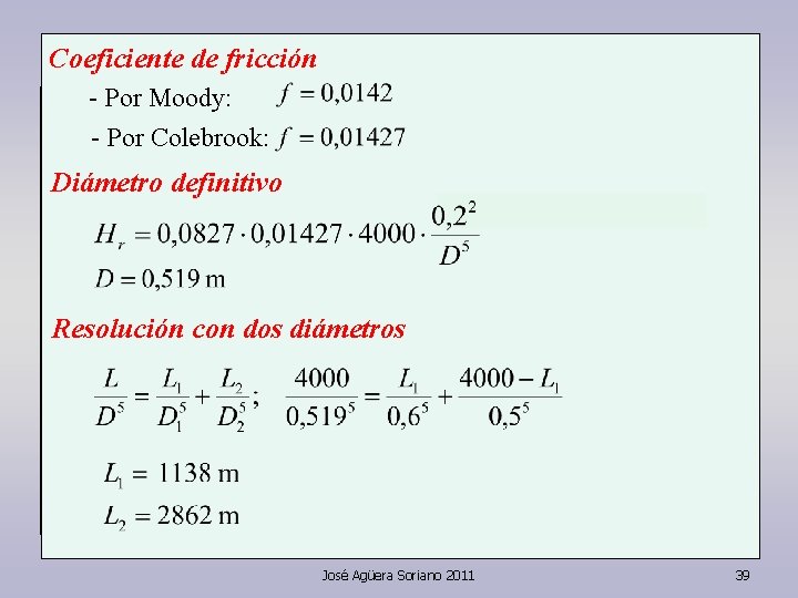 Coeficiente de fricción - Por Moody: - Por Colebrook: Diámetro definitivo Resolución con dos Coeficiente de fricción - Por Moody: - Por Colebrook: Diámetro definitivo Resolución con dos