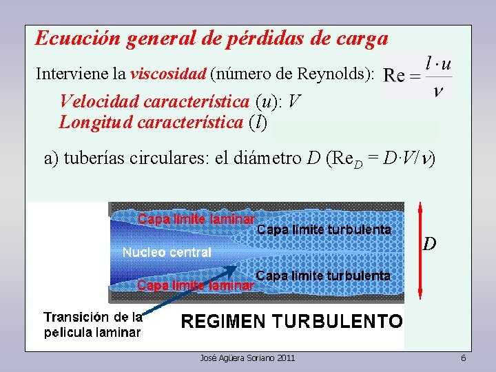 Ecuación general de pérdidas de carga Interviene la viscosidad (número de Reynolds): Velocidad característica Ecuación general de pérdidas de carga Interviene la viscosidad (número de Reynolds): Velocidad característica