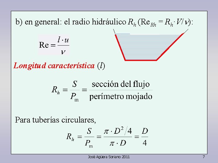 b) en general: el radio hidráulico Rh (Re. Rh = Rh·V/n): Longitud característica (l) b) en general: el radio hidráulico Rh (Re. Rh = Rh·V/n): Longitud característica (l)