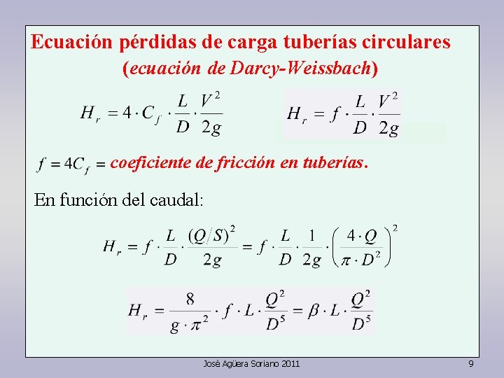 Ecuación pérdidas de carga tuberías circulares (ecuación de Darcy-Weissbach) coeficiente de fricción en tuberías. Ecuación pérdidas de carga tuberías circulares (ecuación de Darcy-Weissbach) coeficiente de fricción en tuberías.