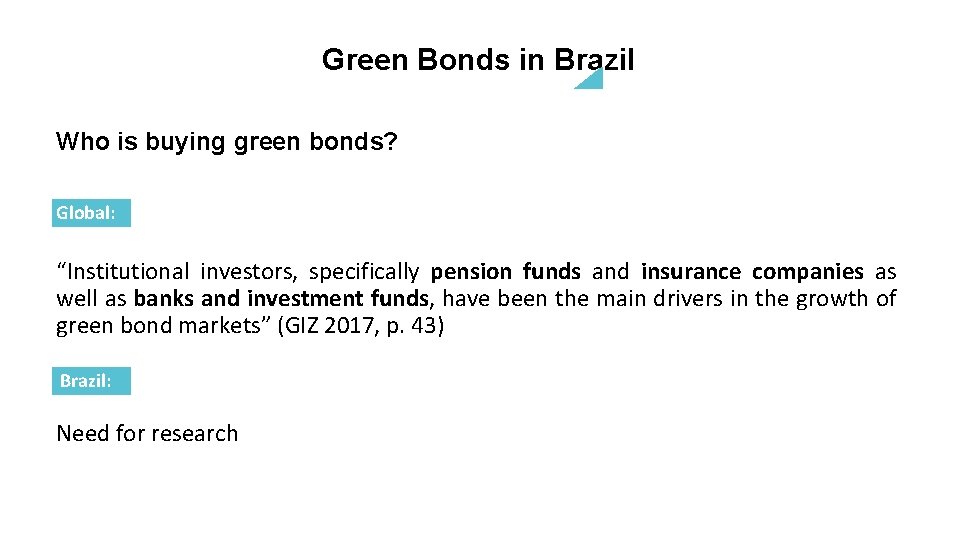 Green Bonds in Brazil Who is buying green bonds? Global: “Institutional investors, specifically pension