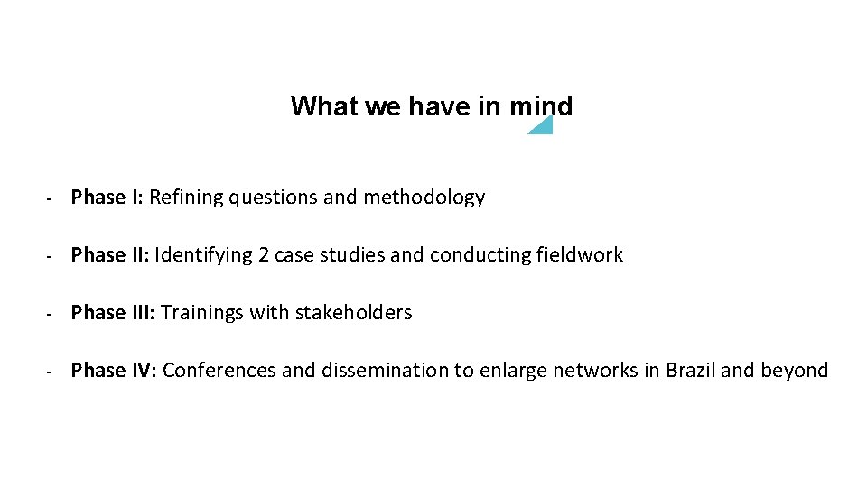 What we have in mind - Phase I: Refining questions and methodology - Phase