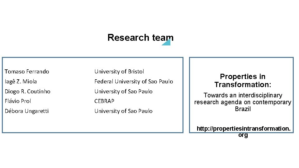 Research team Tomaso Ferrando University of Bristol Iagê Z. Miola Federal University of Sao