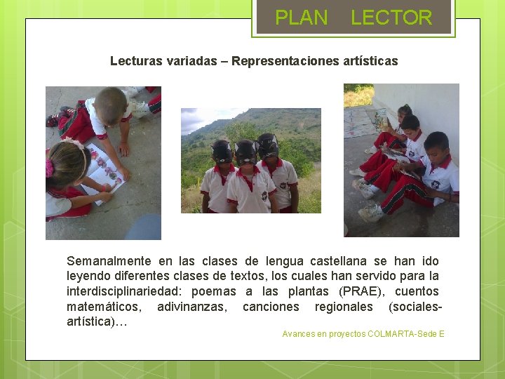 PLAN LECTOR Lecturas variadas – Representaciones artísticas Semanalmente en las clases de lengua castellana PLAN LECTOR Lecturas variadas – Representaciones artísticas Semanalmente en las clases de lengua castellana