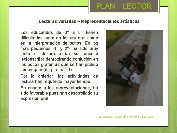 PLAN LECTOR Lecturas variadas – Representaciones artísticas Los educandos de 3° a 5° tienen PLAN LECTOR Lecturas variadas – Representaciones artísticas Los educandos de 3° a 5° tienen