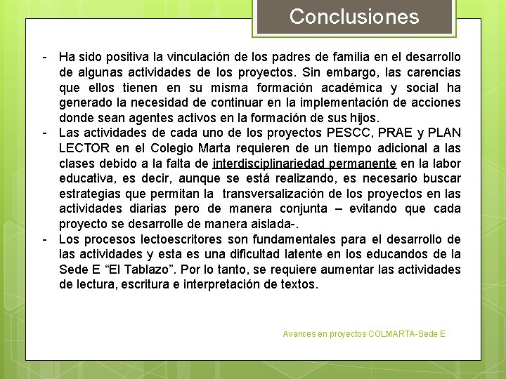 Conclusiones - Ha sido positiva la vinculación de los padres de familia en el Conclusiones - Ha sido positiva la vinculación de los padres de familia en el