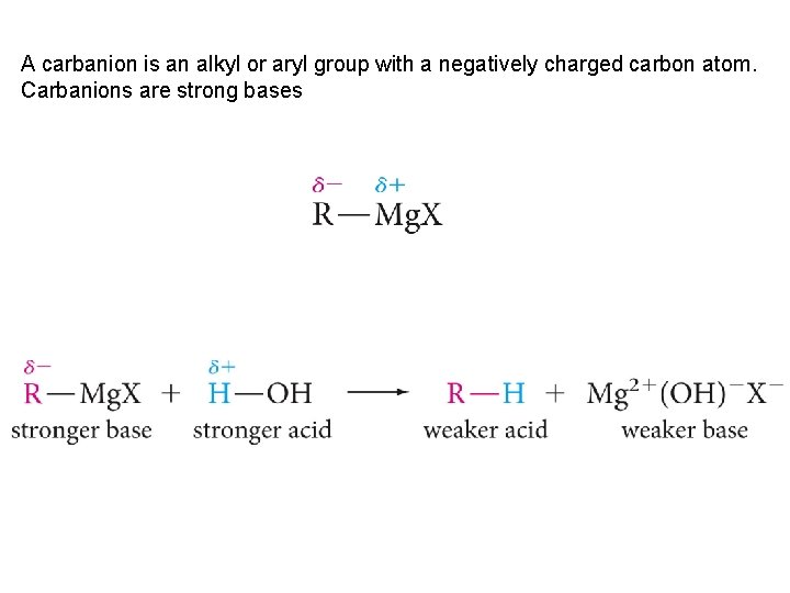 A carbanion is an alkyl or aryl group with a negatively charged carbon atom.