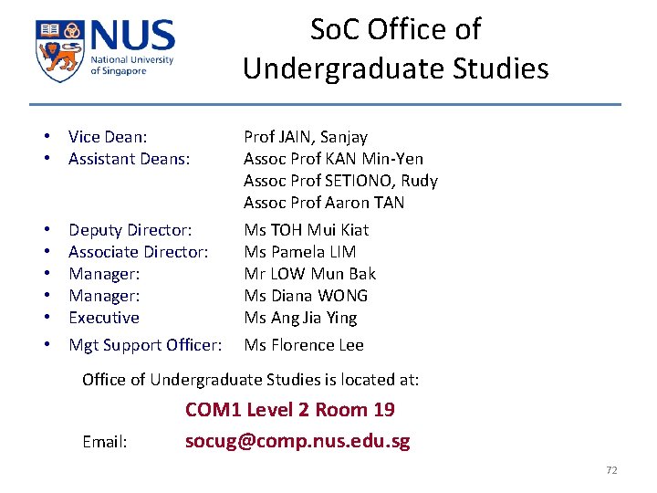 So. C Office of Undergraduate Studies • Vice Dean: • Assistant Deans: • •