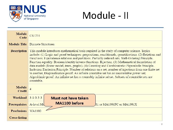 Module - II Must not have taken MA 1100 before 8 