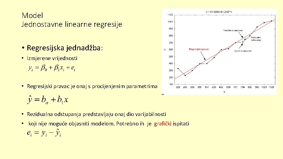 Model Jednostavne linearne regresije • Regresijska jednadžba: • Izmjerene vrijednosti • Regresijski pravac je