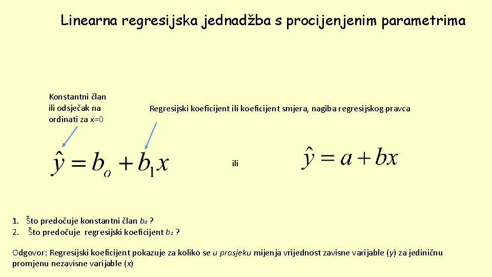 Linearna regresijska jednadžba s procijenjenim parametrima Konstantni član ili odsječak na ordinati za x=0