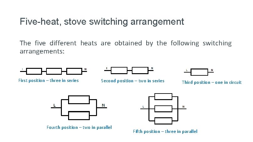 Five-heat, stove switching arrangement The five different heats are obtained by the following switching