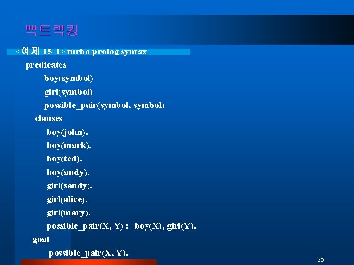 백트랙킹 <예제 15 -1> turbo-prolog syntax predicates boy(symbol) girl(symbol) possible_pair(symbol, symbol) clauses boy(john). boy(mark).