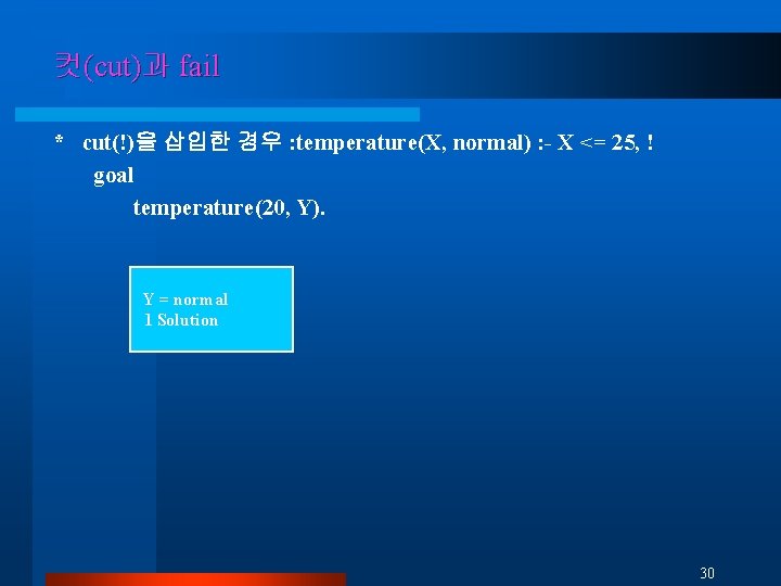 컷(cut)과 fail * cut(!)을 삽입한 경우 : temperature(X, normal) : - X <= 25,