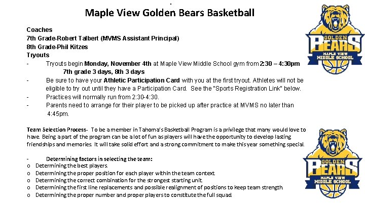 Ma Maple View Golden Bears Basketball Coaches 7 th Grade-Robert Talbert (MVMS Assistant Principal)