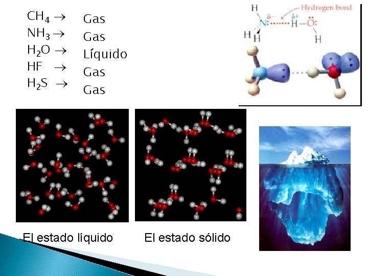 CH 4 NH 3 H 2 O HF H 2 S Gas Líquido Gas