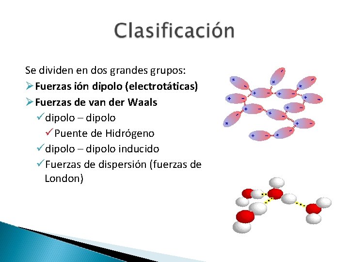 Se dividen en dos grandes grupos: Fuerzas ión dipolo (electrotáticas) Fuerzas de van der