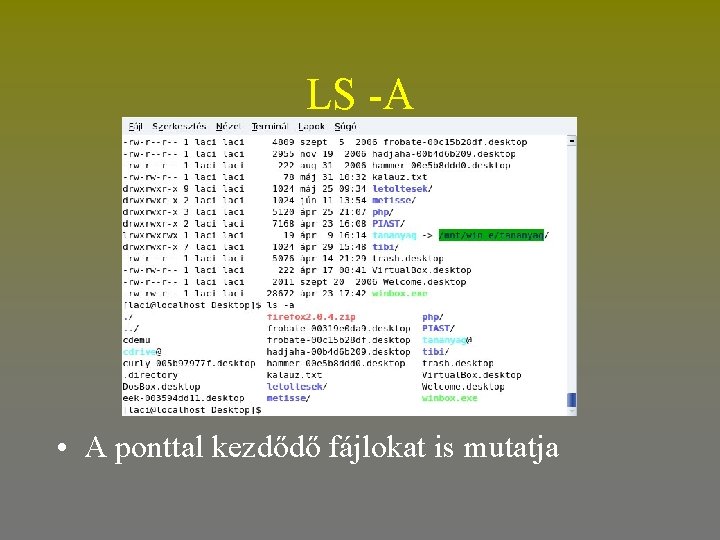 LS -A • A ponttal kezdődő fájlokat is mutatja 