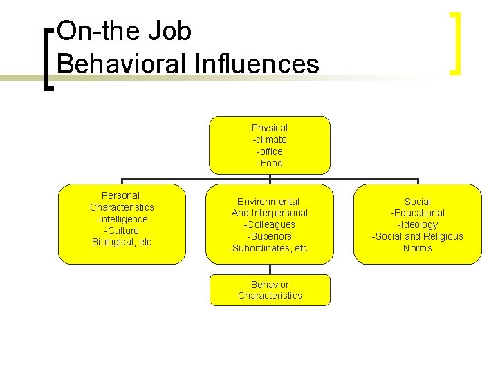 On-the Job Behavioral Influences Physical -climate -office -Food Personal Characteristics -Intelligence -Culture Biological, etc