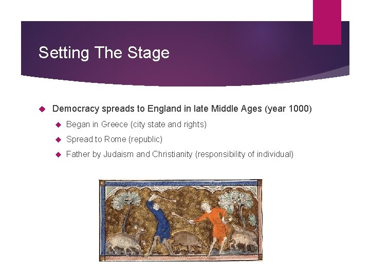 Setting The Stage Democracy spreads to England in late Middle Ages (year 1000) Began