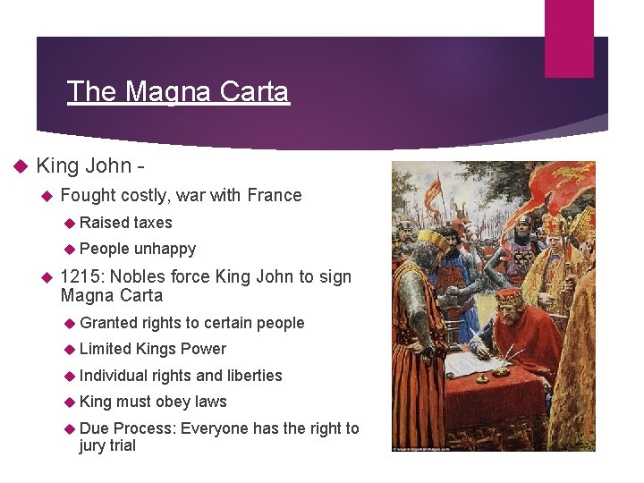 The Magna Carta King John Fought costly, war with France Raised taxes People unhappy