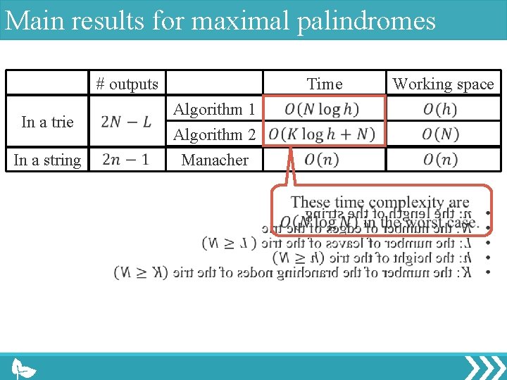 Main results for maximal palindromes # outputs In a trie In a string Time