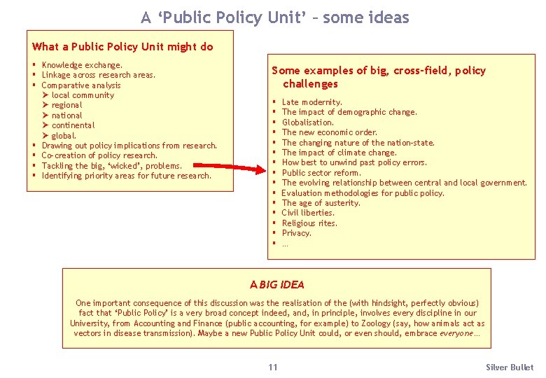 A ‘Public Policy Unit’ – some ideas What a Public Policy Unit might do
