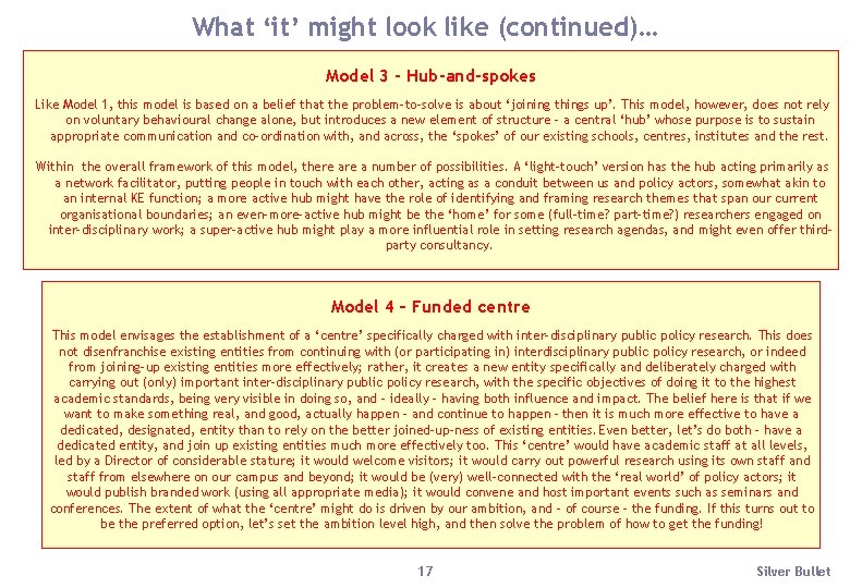 What ‘it’ might look like (continued)… Model 3 - Hub-and-spokes Like Model 1, this