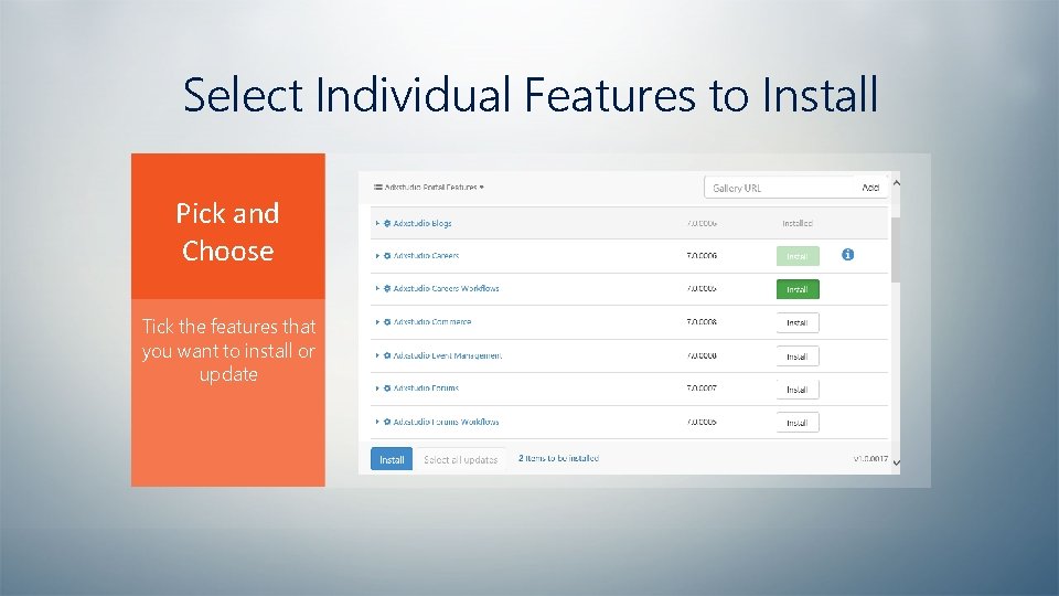 Select Individual Features to Install Pick and Choose Tick the features that you want