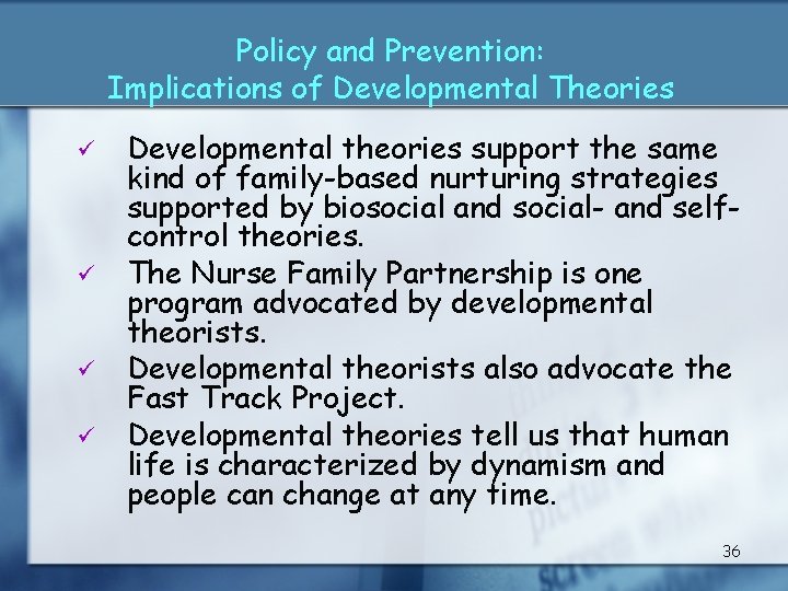 Policy and Prevention: Implications of Developmental Theories ü ü Developmental theories support the same