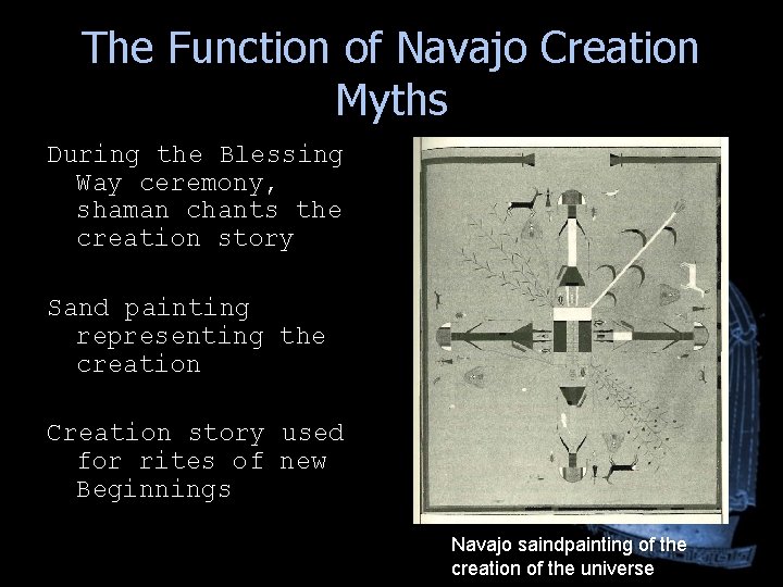 The Function of Navajo Creation Myths During the Blessing Way ceremony, shaman chants the The Function of Navajo Creation Myths During the Blessing Way ceremony, shaman chants the