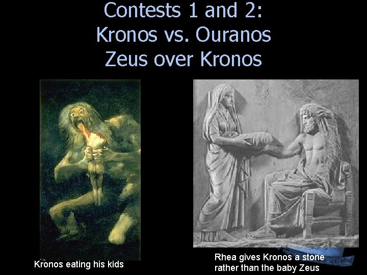 Contests 1 and 2: Kronos vs. Ouranos Zeus over Kronos eating his kids Rhea Contests 1 and 2: Kronos vs. Ouranos Zeus over Kronos eating his kids Rhea