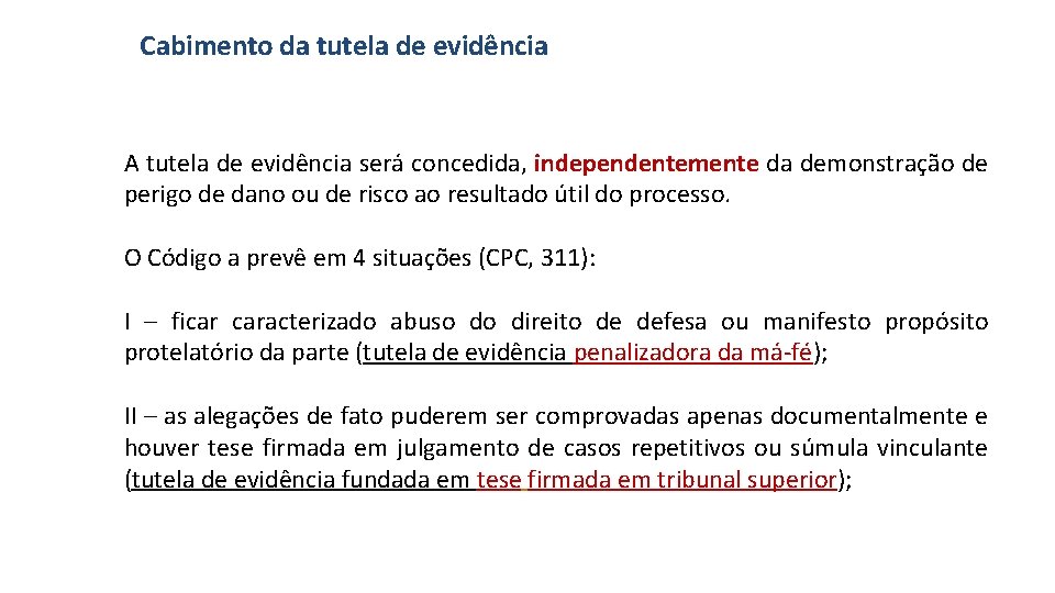 Cabimento da tutela de evidência A tutela de evidência será concedida, independentemente da demonstração