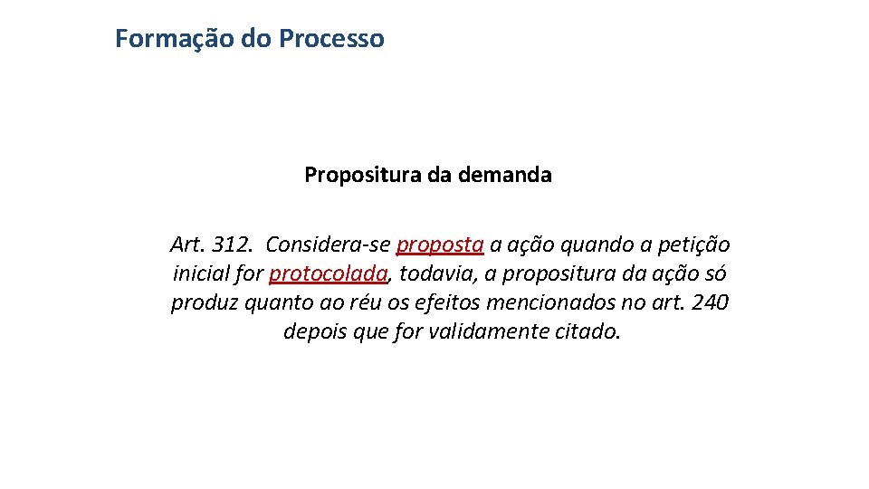 Formação do Processo Propositura da demanda Art. 312. Considera-se proposta a ação quando a