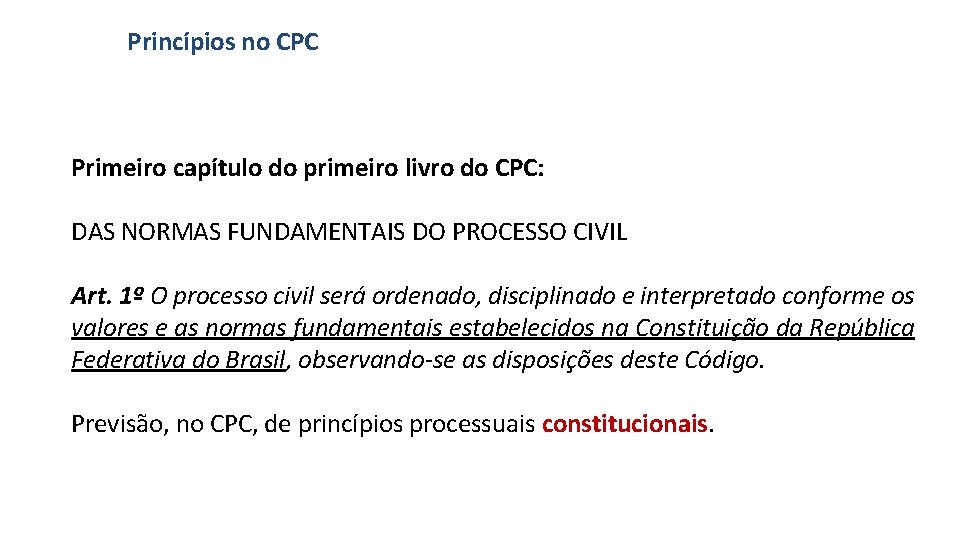 Princípios no CPC Primeiro capítulo do primeiro livro do CPC: DAS NORMAS FUNDAMENTAIS DO