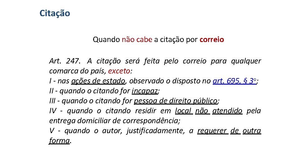 Citação Quando não cabe a citação por correio Art. 247. A citação será feita