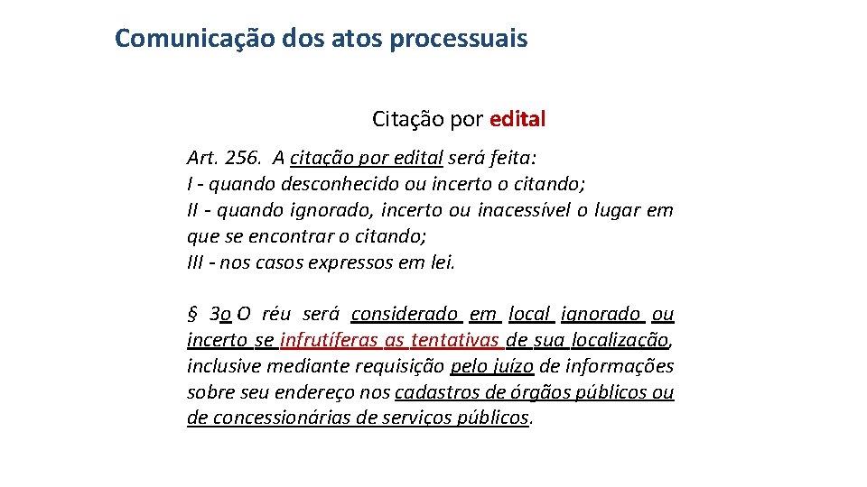Comunicação dos atos processuais Citação por edital Art. 256. A citação por edital será
