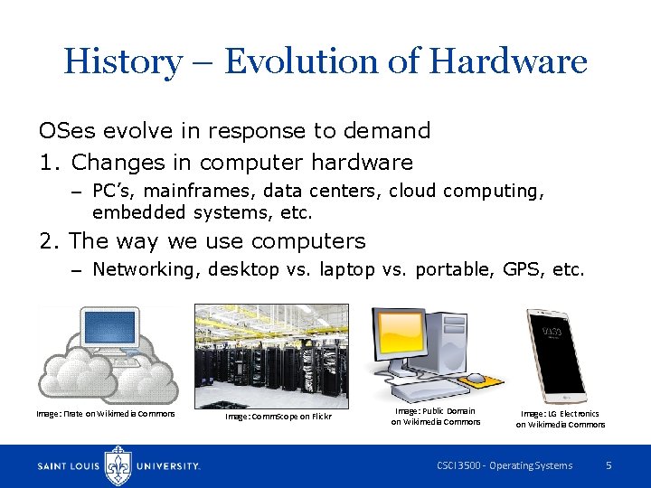 History – Evolution of Hardware OSes evolve in response to demand 1. Changes in