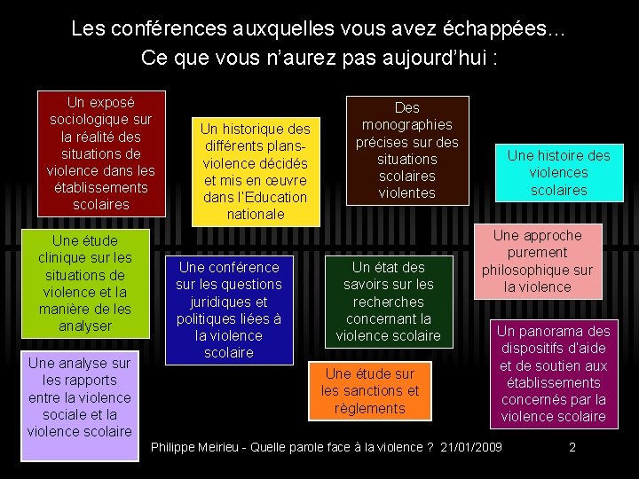 Les conférences auxquelles vous avez échappées… Ce que vous n’aurez pas aujourd’hui : Un